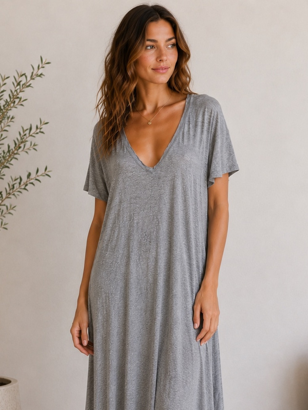 ✨ FP Beach Gray V Neck T Shirt Dress Size M Casual Oversized Coastal Minimal ✨
